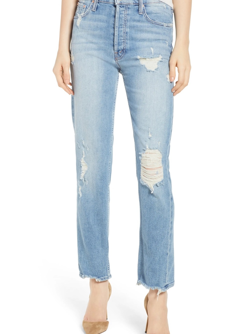 MOTHER Light Blue Distressed Straight-Leg Jeans